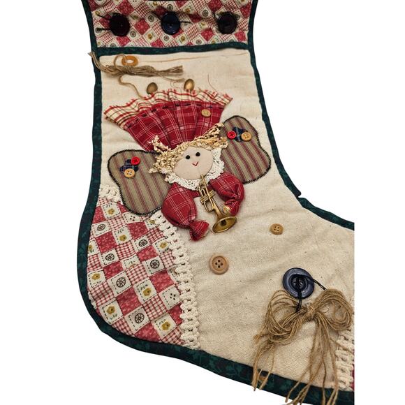 Vintage quilted style Christmas Stocking applique Buttons angel 21" large - Picture 2 of 3